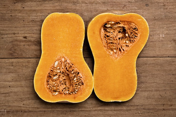 Pumpkins on wooden table.