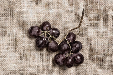 Bunch of grapes on rough canvas.