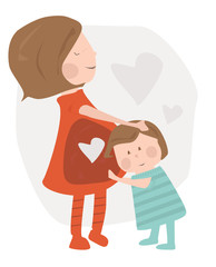 Madre embarazada e hijo abrazados. Ilustración de amor maternal. Abrazos. Bebé en la panza de mamá. Escuchar al hermanito.