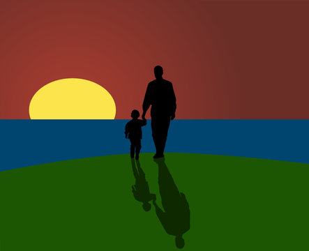 Father and son looking at sunset