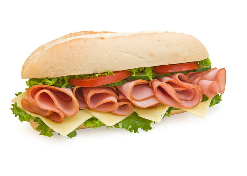 Ham & Swiss sandwich on white background