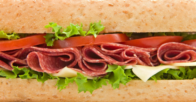 Close up of a salami submarine sandwich