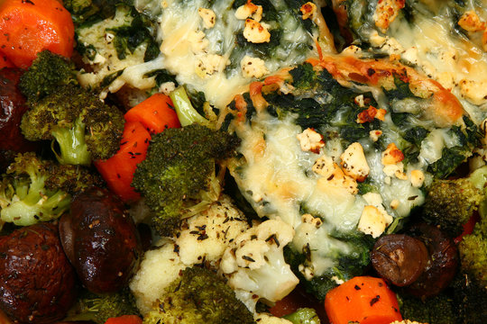 Herb Baked Veggie and Spinach Feta Strata close up.