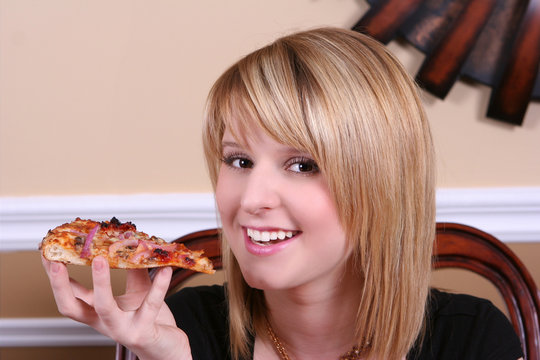 Close Up Of Girl Eating Pizza Slice