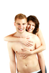 Naklejka premium young and happy couple isolated on white background