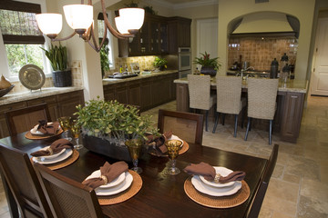 Breakfast table and luxury home kitchen.