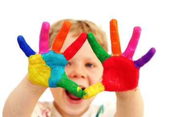 Happy child with painted hands - 7928987