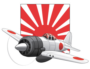 Japanese WW2 plane on a rising sun background