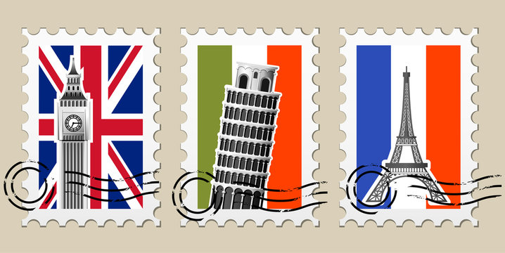 Three Postmarks with sights of Europe and stamps