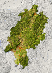 Reliefkarte von Hessen, eingefärbt nach Vegetation