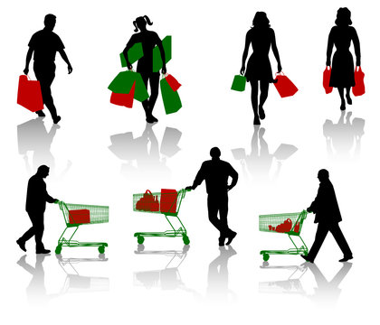 Silhouettes of people with purchases.