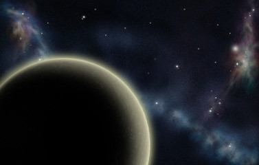 Digital created starfield with cosmic Nebula and yellow planet