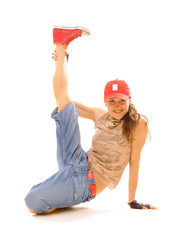 smiley tomboy holding her leg