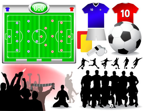 Soccer Set - Players, Stadium, Funs, hooligan, Team, Balls, clothing, Vector illustrations