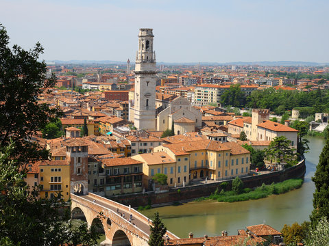 View of Verona, Italy. Adige river, St Peter bridge.