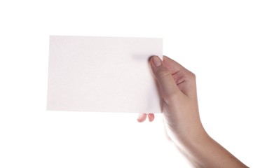 Blank paper in hand isolated on white.