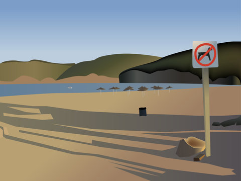 Empty evening beach with "no dogs allowed" sign (Vector)