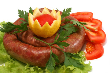home made sausage with tomatoes and lemon