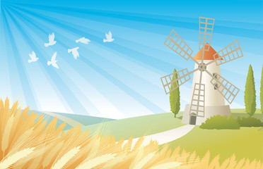 Paysage rural avec moulin à vent