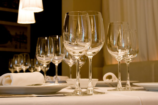 Wine Glasses Set At Reataurant Table