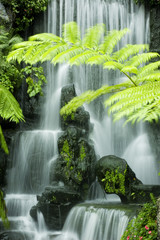 Japanese garden waterfalls, slow shutter.