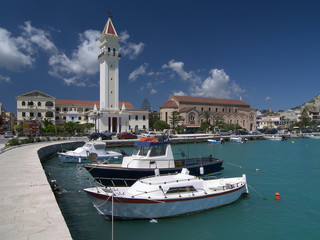 Zakynthos harbor with church of Saint Dionysius.