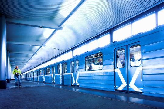Blue train at subway