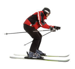 Fototapeta na wymiar Skier man in ski slalom pose