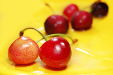 red cherries on yellow background