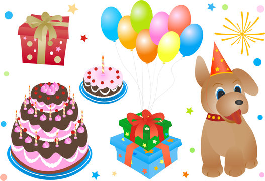 birthday set: cake, balloons, gift box, puppy dog