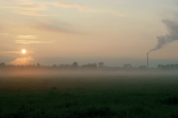 morning fog hangs over the city