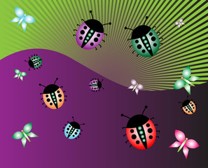 Abstract illustration with ladybirds and butterflies