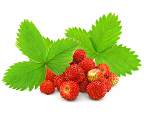 red strawberry fruits with green leafs isolated on white