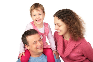 daughter on father`s shoulders and mother