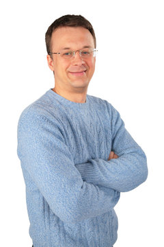 Smiling Man In Blue Sweater An Glasses