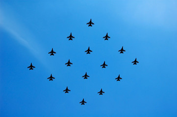 Fighter planes with a clear sky background