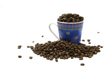 Blue cup and coffee beans