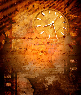 Fototapeta Clock with old textured map