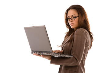 Beautiful young woman holding laptop