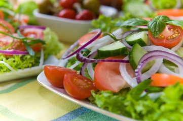 Fresh salad with onion, tomato and basil