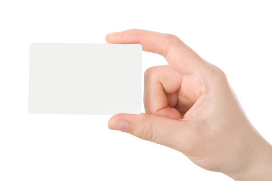 Hand holding a business card isolated on white background