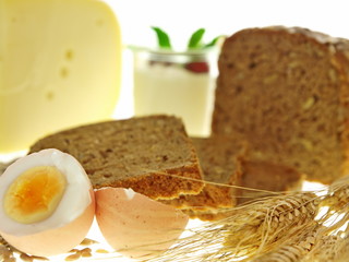 wellness frühstück,dinkelvollkornbrot,bergkäse,naturjoghurt,ei