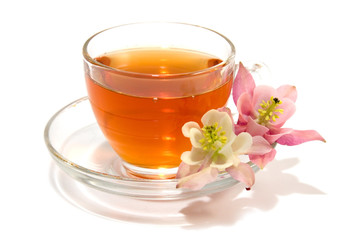 Transparent teacup with tea and flowers