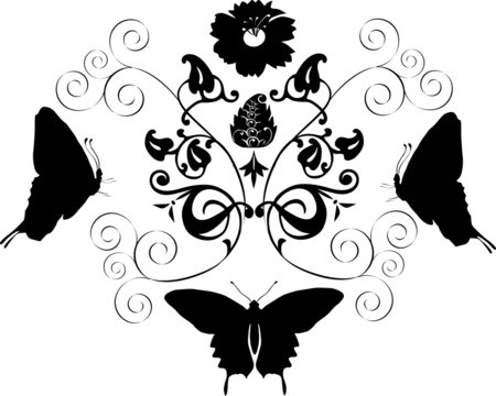 silhouettes of butterflies and flowers