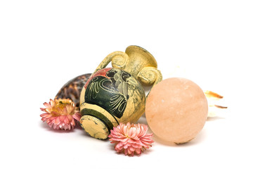 antique vase, shower ball and shells