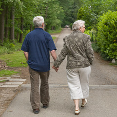 Elderly couple walking hand in hand