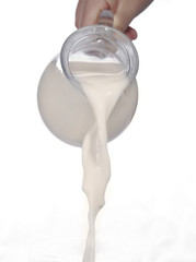 pouring milk in a glass isolated against white background