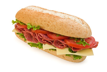 Large salami submarine sandwich with cheese and tomatoes