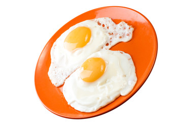 Omelet on the red plate isolated on white