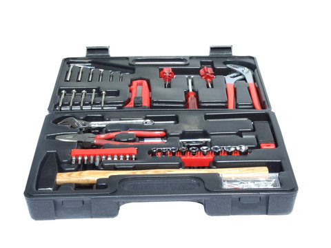 black toolbox with red tools